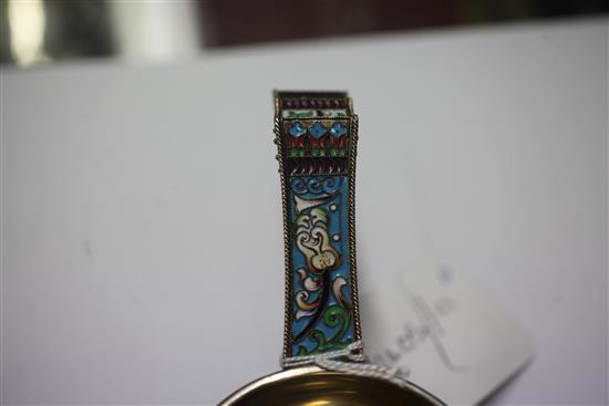 A good late 19th/early 20th century Russian 88 zolotnik and polychrome cloisonne enamel kovsh, master, Fyedor Ruchert, 1890-1917,